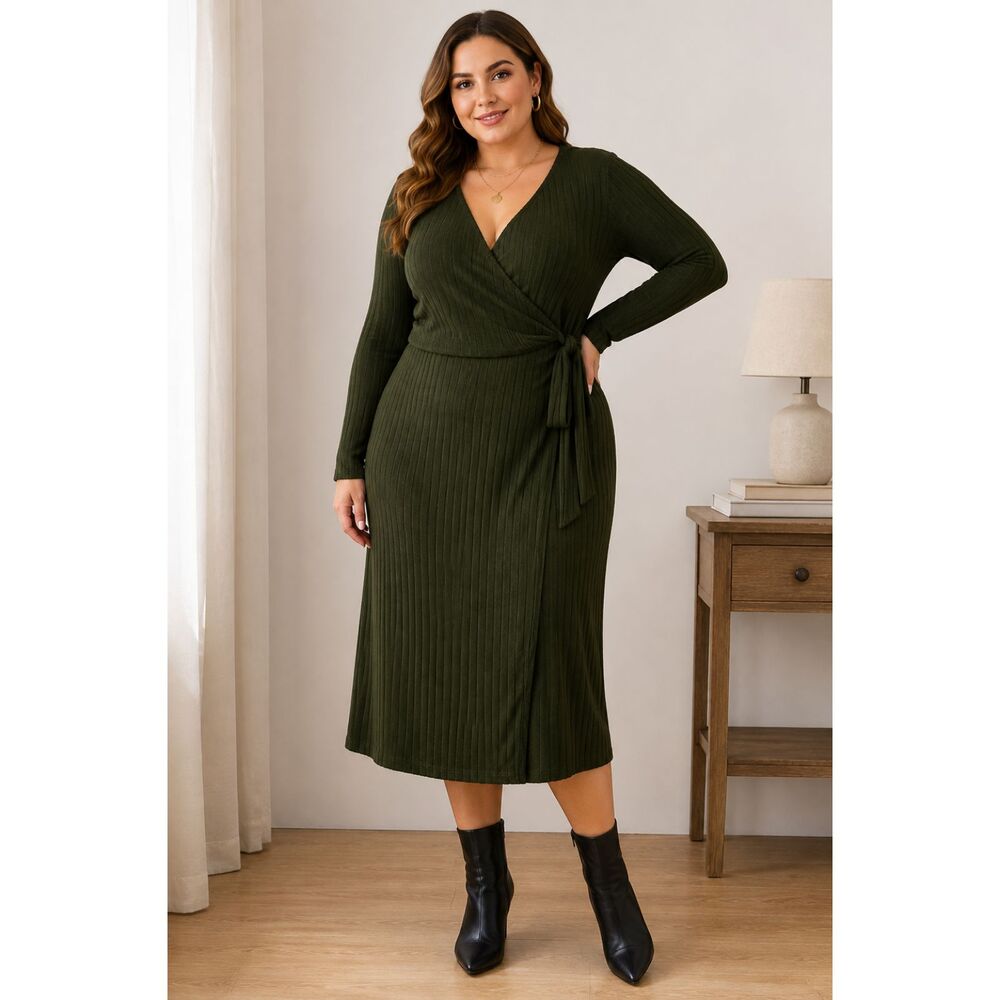BloomChic NWT Dark Olive Green Ribbed Wrap Midi Dress Plus Size 18-20 2X